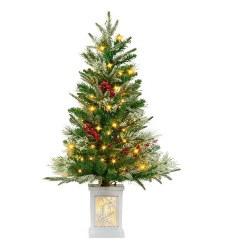  HOMEFAN 3ft Mini Prelit Premium Snow Flocked Artificial Christmas Tree, Pre-lit Xmas Pine Tree for Christmas Decoration, Party Decoration, Home, Office, White Base