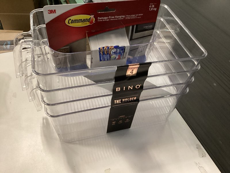 Condition photo showing New/Like New for BINO l Plastic Storage Bins l THE HOLDER COLLECTION l 4-Pack, Large Multi-Use Clear Containers for Organizing with Built-in Handles l Pantry Organization & Storage l Kitchen Organizer l Storage Bins 4 Pack - Large