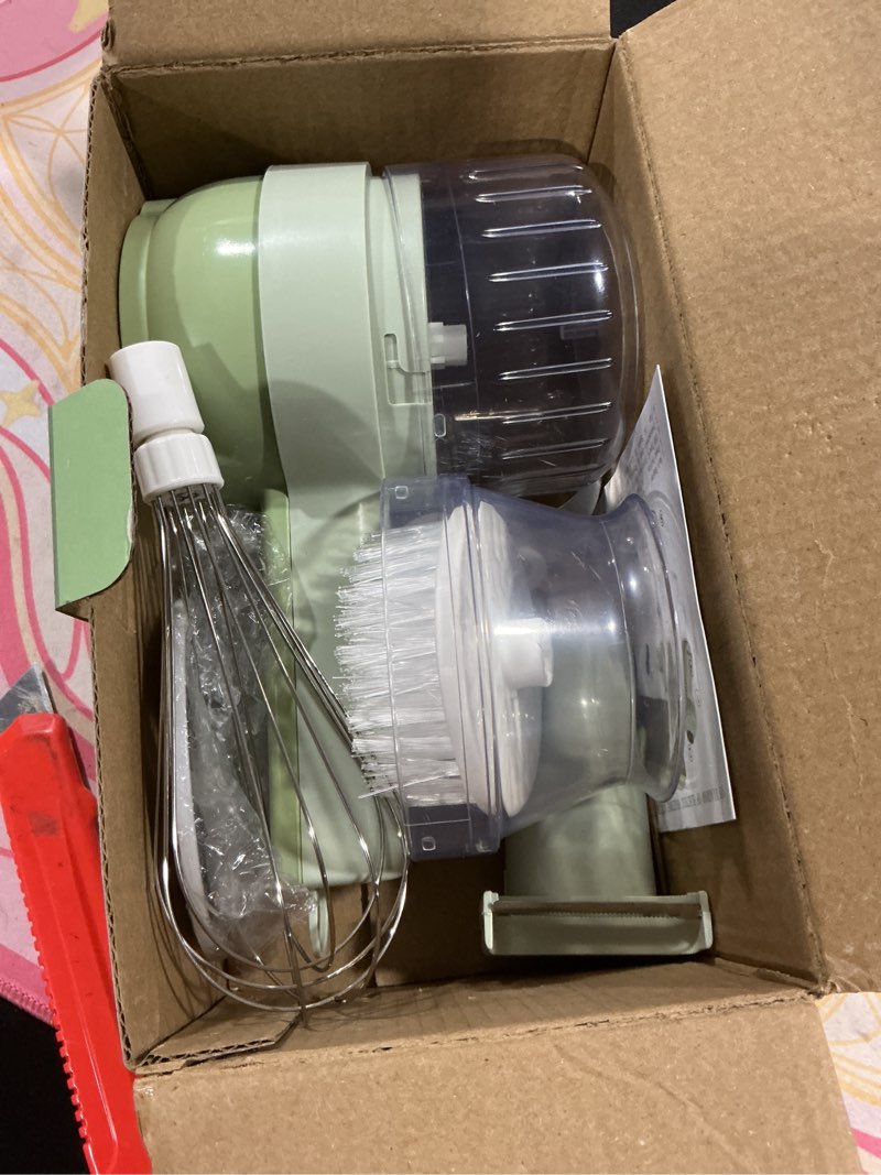 Condition photo showing Good Condition for Multi-Functional Portable Wireless Vegetable Processor Electric 4-in-1 Vegetable Cutter Set, Easy to Charge, for Garlic, Chili, Celery, Meat, With Cleaning Brush, With Egg and Cream Whisk.