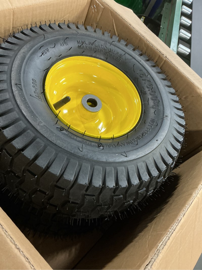 Condition photo showing New/Like New for AR-PRO Exact Replacement 15" x 6.00-6" Front Tire and Wheel Assemblies Compatible with John Deere Riding Mowers 100 and D100 Series - 3" Centered Hub and 3/4" Bushings, 4Ply Pneumatic (Set of 2) 15 x 6.00-6" Pneumatic (Centered Hub) Yellow