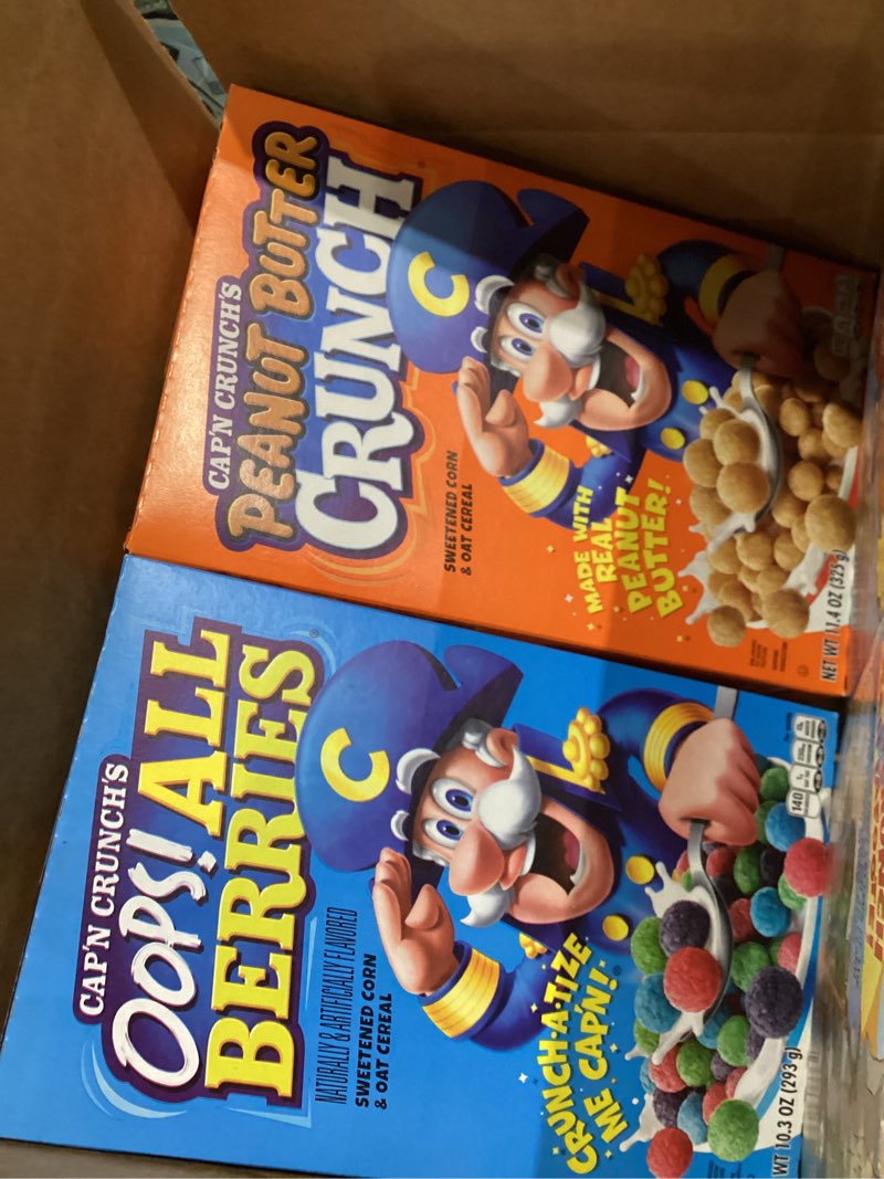 Condition photo showing New/Like New for Quaker Cap'n Crunch Breakfast Cereal, 4 Flavor Variety Pack, (4 Pack), Sweetened Corn & Oat Cereal Original, Crunch Berries, Oops All Berries, Peanut Butter Variety pack 12 Ounce (Pack of 4)