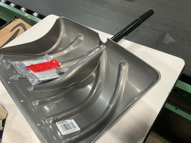 Condition photo showing As Is for suncast 20" combination snow shovel/pusher, grey/black