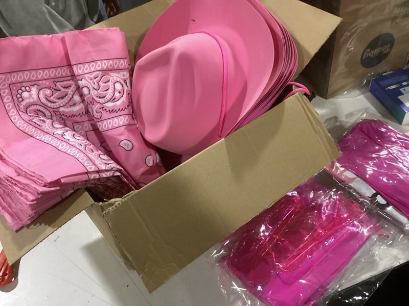 Condition photo showing New/Like New for Xtinmee 48 Pcs Kids Cowboy Party Favor with Cowboy Hats Inflatable Stick Horses Bandanas Heart Glasses for Kid Costume(Pink)