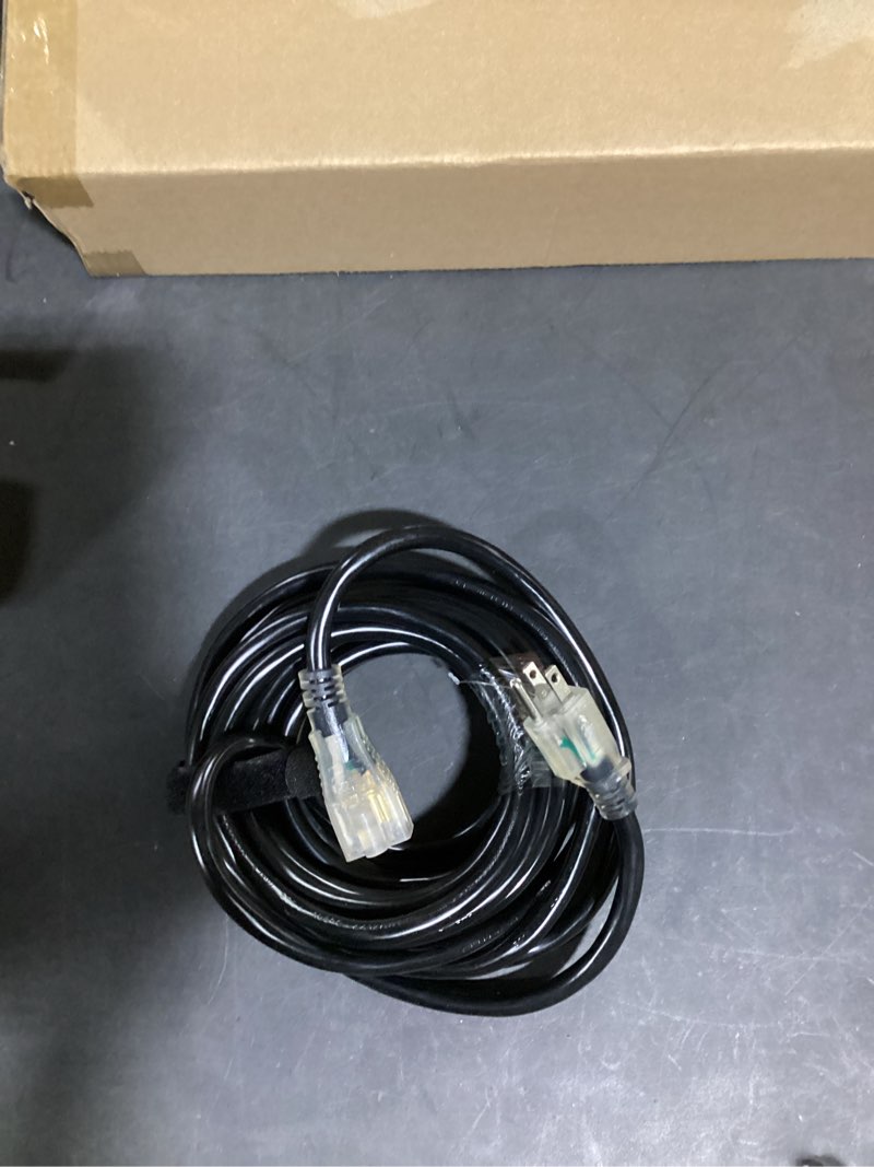 Condition photo showing Good Condition for 12AWG 25 FT Heavy Duty Outdoor Extension Cord Waterproof with Lighted End,Black 12 Gauge Extension Cord Flexible and Cold Resistant 3 Prong Grounded Plug,15Amp 1875W SJTW ETL Listed 25FT 12 Gauge Black