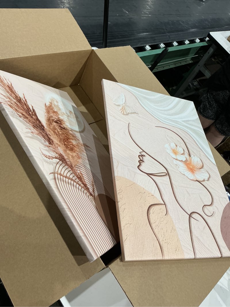 Condition photo showing Good Condition for framed neutral abstract wall art, set of 2 tan and cream beige canvas prints paintings artwork for walls, woman silhouette pictures for living room dining room bedroom office wall decor 16x24 inch 16" w x 24" h x 2pcs 2 piece-neutral