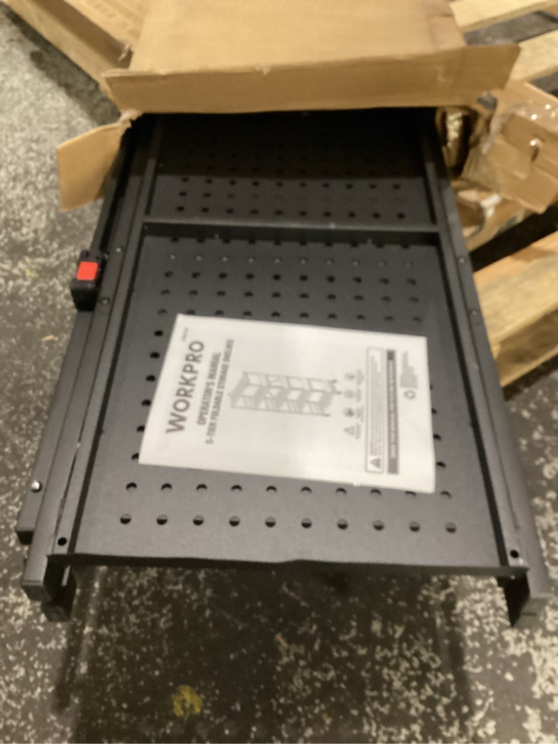 Condition photo showing New/Like New for workpro 5-tier folding shelf, no-assembly metal storage rack with wheels, 750 lbs capacity (with leveling feet), collapsible shelving unit for kitchen, pantry, bathroom & closet organization black 5-tier