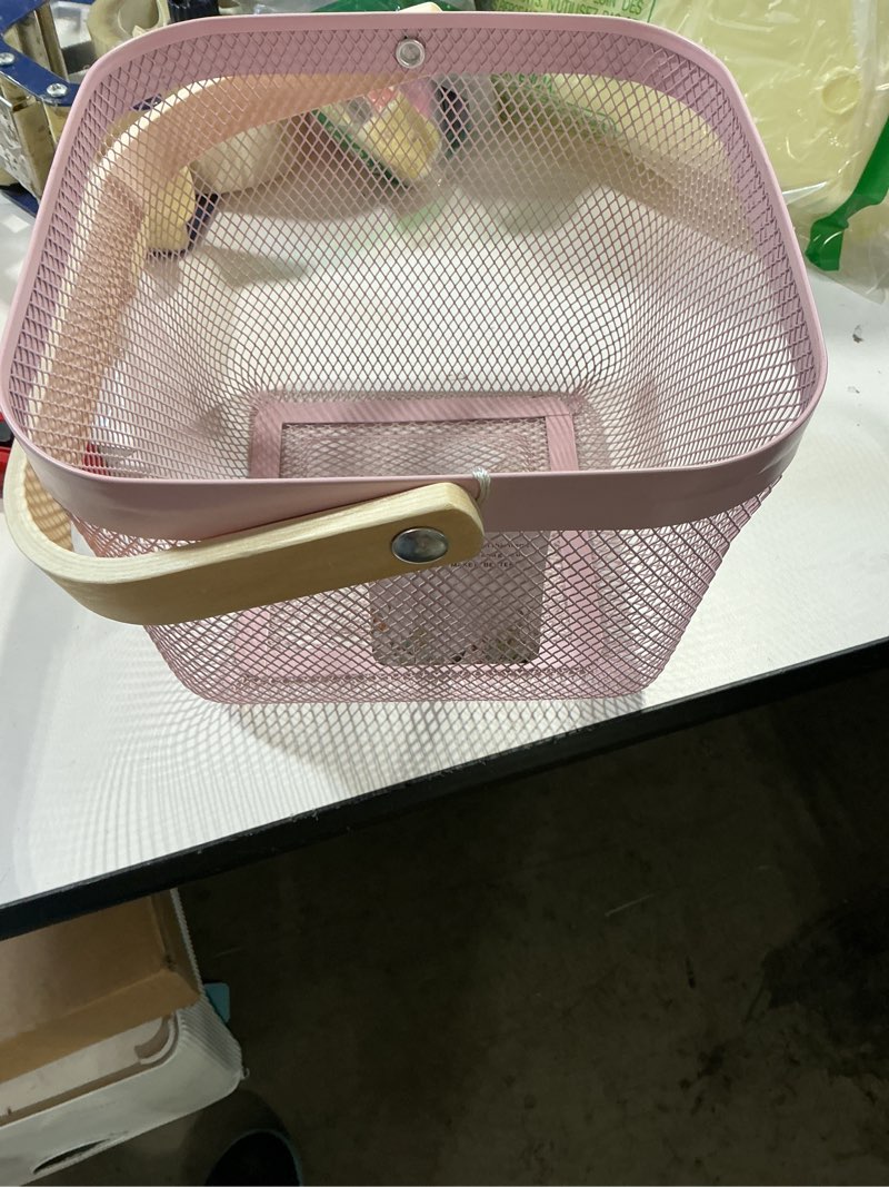 Condition photo showing Good Condition for ajioda metal mesh wire basket, small steel basket with wooden handle storage organizer basket multi-functional hanging kitchen baskets fruit baskets for kitchen bathroom cabinet pantry snacks, pink pink small