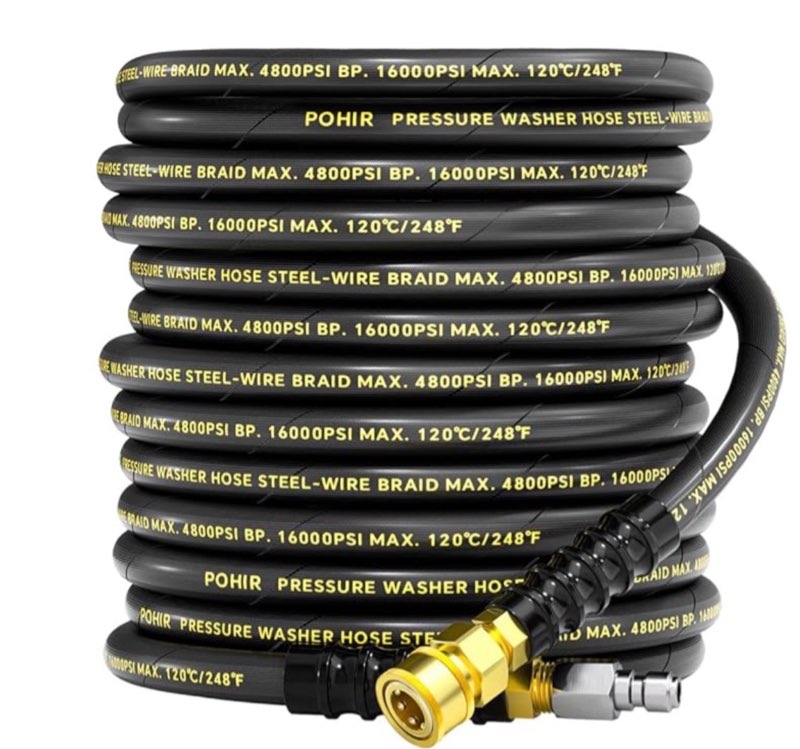 3/8" pressure washer hose 50ft 4800psi, power washer hose steel wire braided with swivel quick connect, commercial grade industrial high pressure water washing hose (4800psi, 50ft)