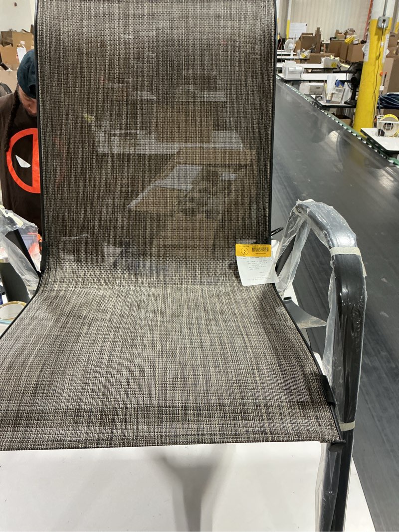 Condition photo showing Good Condition for style selections pelham bay woven stackable black metal frame stationary dining chair with tan sling seat