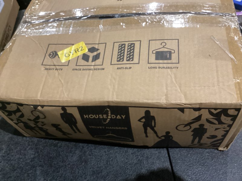 Condition photo showing New/Like New for HOUSE DAY Black Velvet Hangers 60 Pack, Non Slip Clothes Felt Hanger Heavy Duty for Coat, Premium Slim Space Saving Suit Hangers for Closet Organizer, 360° Rotating Silver Hook Black 60 Pack