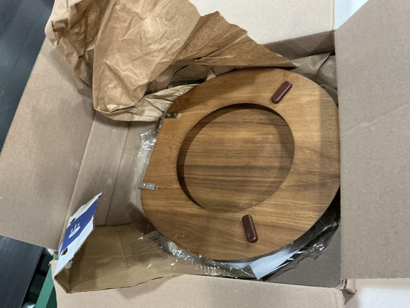 Condition photo showing As Is for mayfair natural oak veneer toilet seat with chrome hinges, round, wood