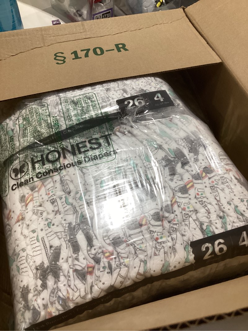 Condition photo showing As Is for the honest company comfort dry disposable diapers for sensitive skin, hypoallergenic, wild thang + all the alpacas, super club box size 4 (22–37 lbs) 104 count