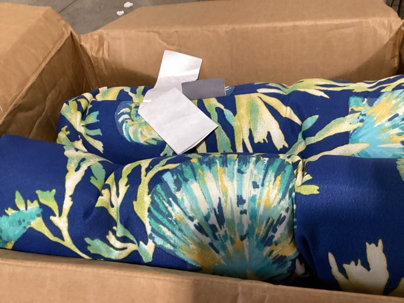 Condition photo showing As Is for pillow perfect outdoor/indoor tufted seat cushions (round back), 19" x 19", blue daytrip pacific, 2 count 19" x 19" blue daytrip pacific