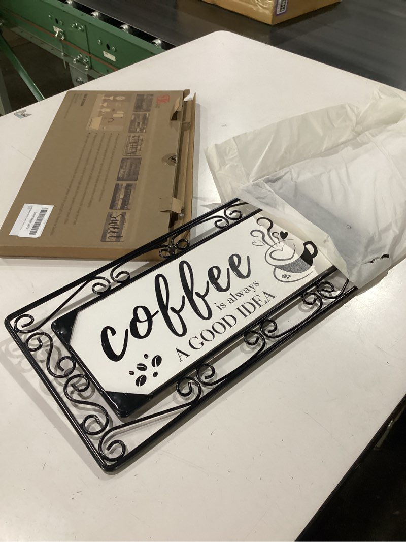 Condition photo showing New/Like New for Coffee Sign Metal Wall Decor Wood Coffee Sign Combine With Scroll Metal Frame Wall Art Hanging Wall Sculptures for Home Kitchen Cafe Coffee Bar Coffee Corner Decor, 16 x 7.8 Inch