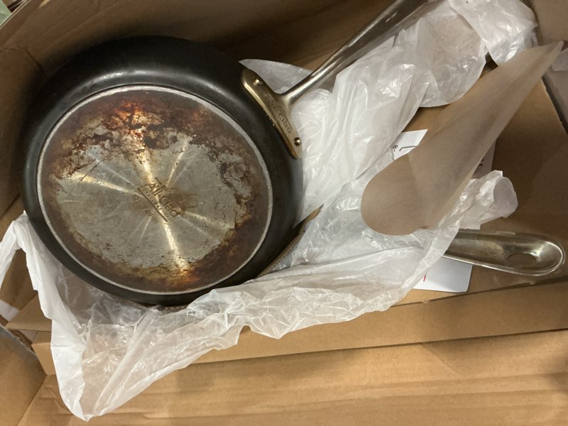 Condition photo showing As Is for all-clad e7859064 ha1 hard anodized nonstick fry pan cookware set, 10 inch and 12 inch fry pan, 2 piece, black 10" + 12" fry pan set