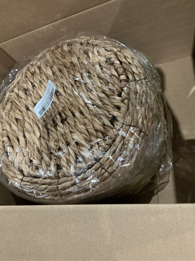 Condition photo showing Good Condition for round wicker storage basket, woven large water hyacinth bin with handles, 12''x 7''