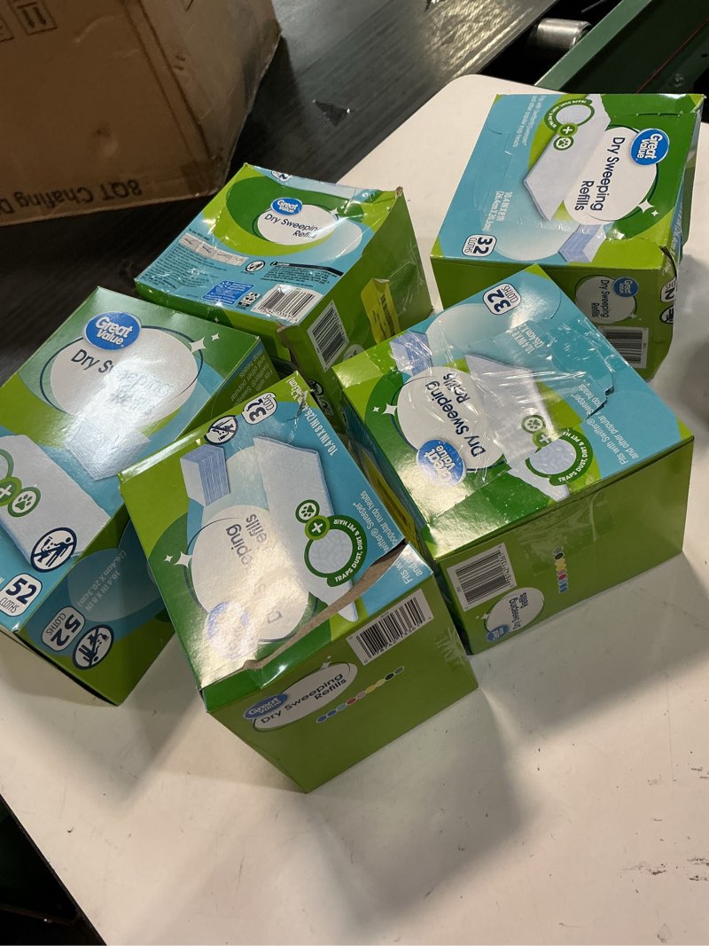 Condition photo showing As Is for 5 pack great value dry sweeping cloth refills, 32 count