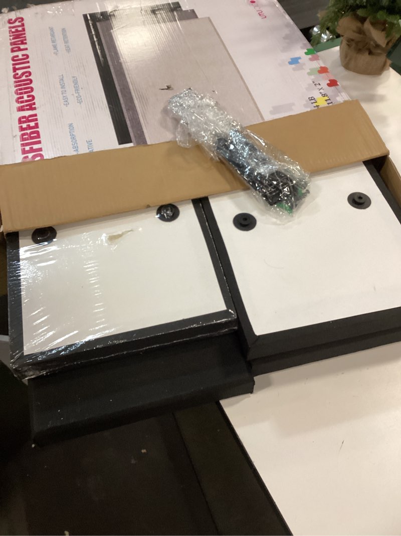 Condition photo showing As Is for UMIACOUSTICS 4 PCS Acoustic Panels with Hanging Bracket, 2” Thick Fiberglass Sound Proof Panels Removable for Studios, Office, Home Theater Ceiling or Wall- Black 23.6" x 11.8"-4pcs Black