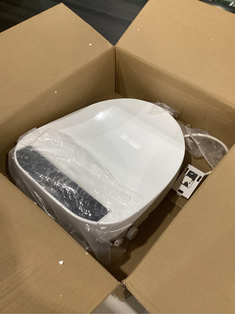 Condition photo showing As Is for bidet toilet seat with remote control, electronic heated bidet seat with adjustable warm water and pressure, warm air drying, display screen, night light, slow closed toilet lid, round