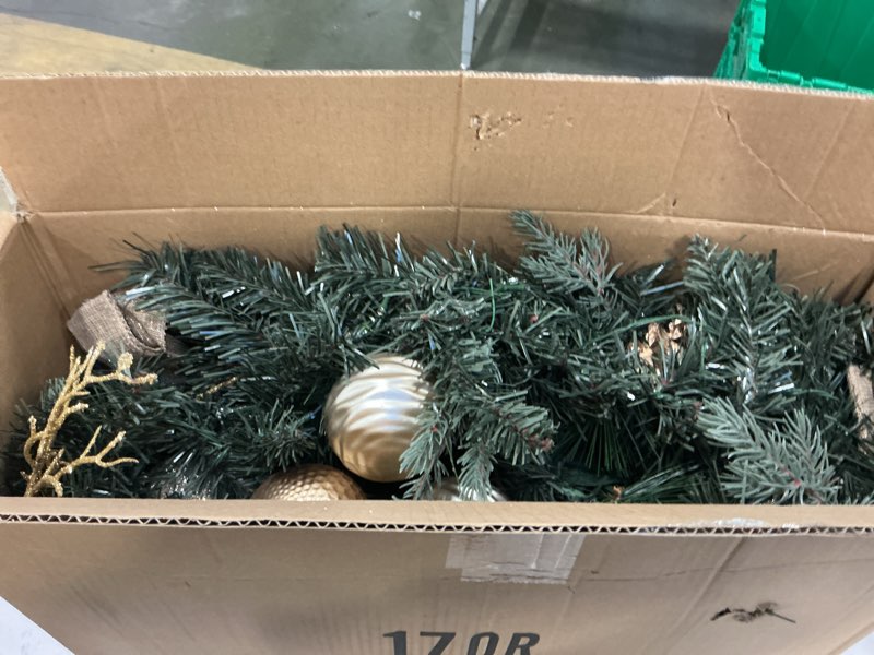 Condition photo showing Good Condition for Pre-lit 9ft Christmas Garland with Gold Berries and Balls,Pine Cone,Golden Flower and 50 Battery Operated Soft White LED Lights with Timer,Artificial Holiday Decoration Door Outdoor Gold Battery Operated