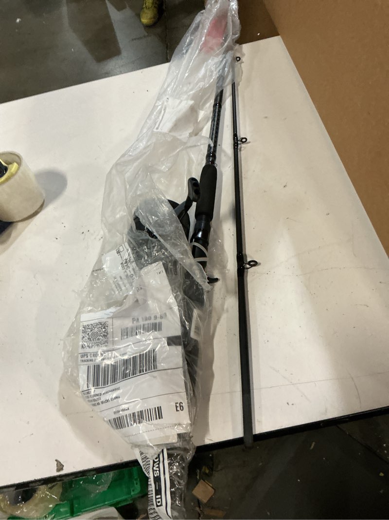 Condition photo showing As Is for zebco 808 spincast reel and fishing rod combo, 7-foot durable z-glass rod with extended eva rod handle, quickset anti-reverse with bite alert, pre-spooled with 20-pound cajun fishing line