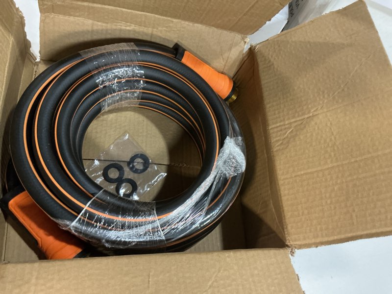 Condition photo showing As Is for garden hose 25 ft x 5/8", non-expanding flexible water hose, kink resistant lightweight hybrid hose-black orange 25ft black