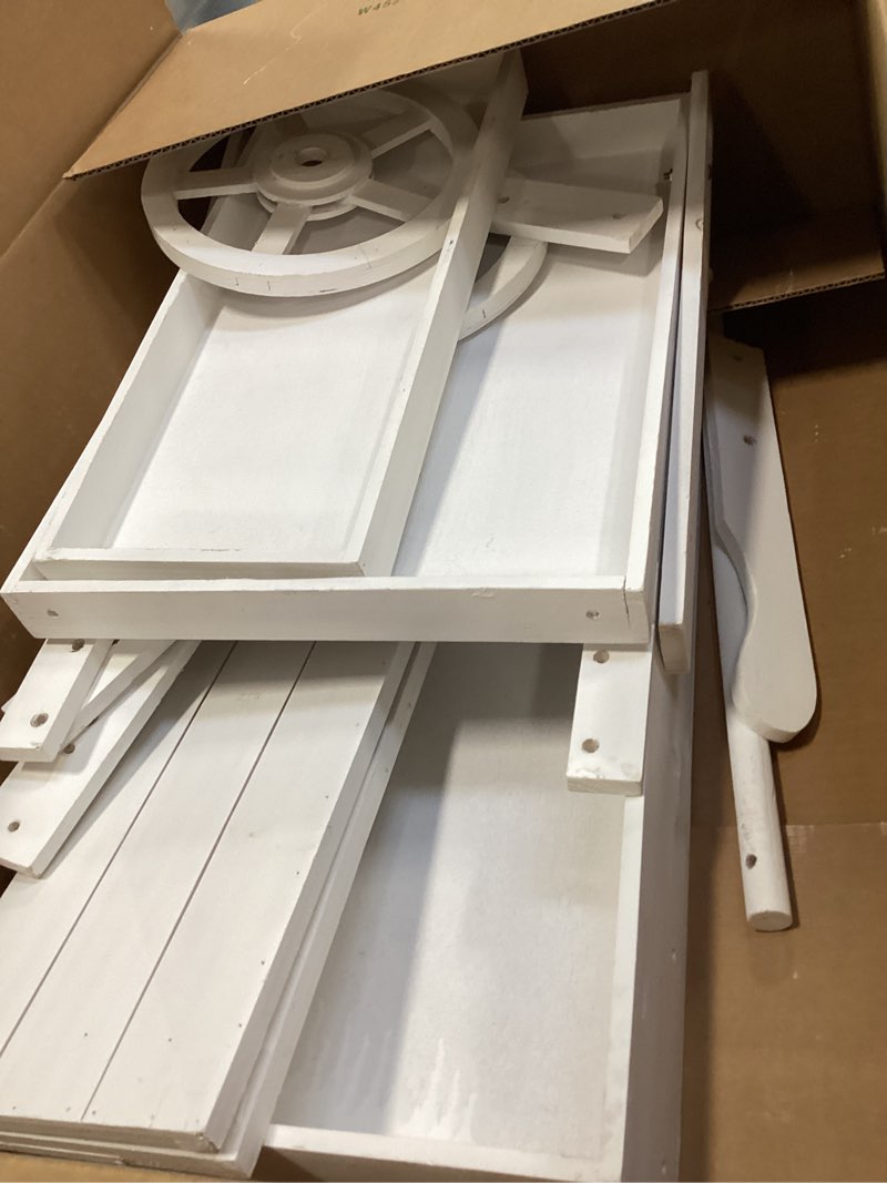 Condition photo showing As Is for Hanaive Flower Cart Display Stand with Wheels for Bridal Shower Baby Shower Party Large Country Market Vintage Wooden 3 Tier Rolling Table Cart for Display Flower Candy Party Favors and Crafted Items