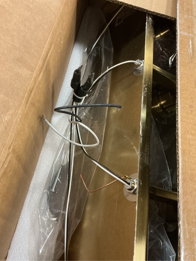 Condition photo showing As Is for bathroom light fixtures, 4-light modern vanity light with clear glass wine glass-shaped shade, vanity lighting fixtures over mirror, brushed gold, vl155-bg-4 brushed gold, wine glass shade 4-light