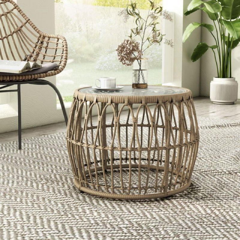 Furniture of America Roja Round Glass Top and Rattan Natural Coffee Table(incomplete missing top)