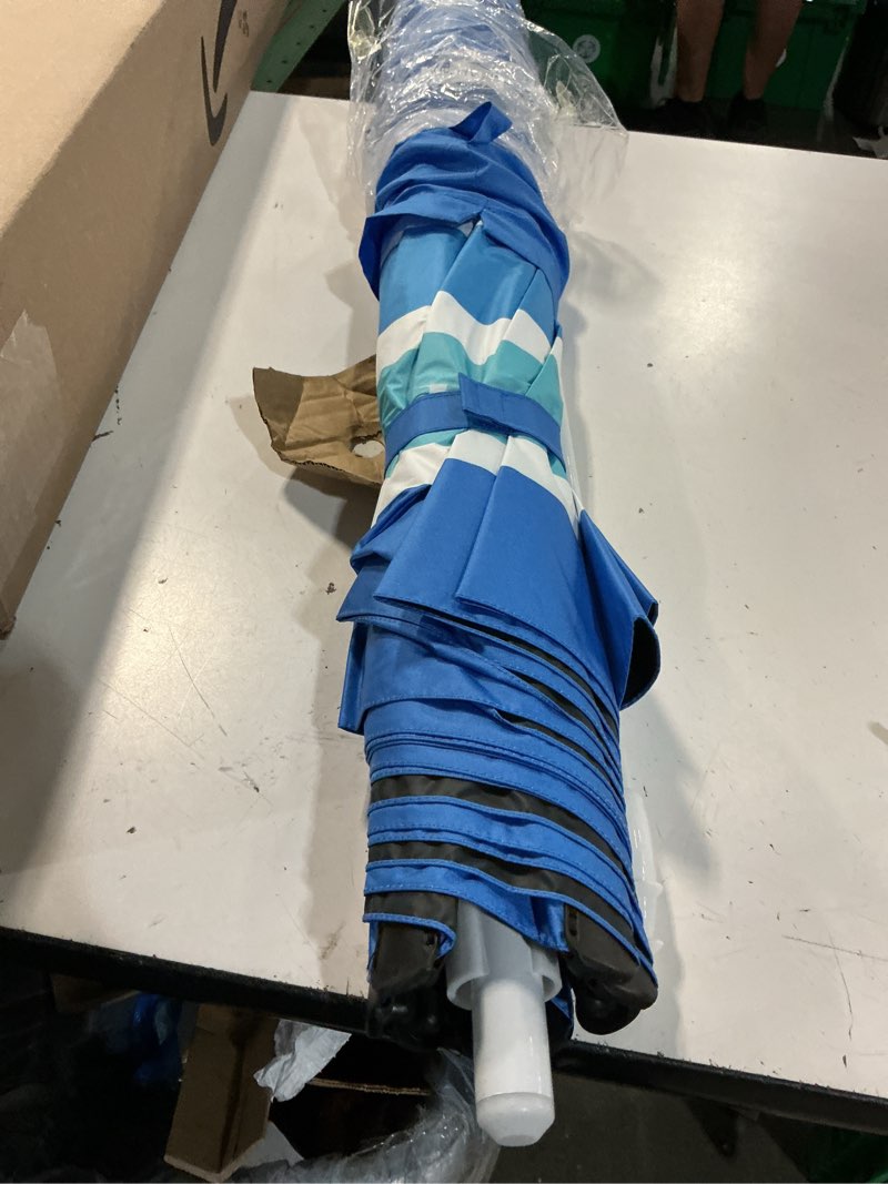 Condition photo showing Good Condition for fisqueen 8ft large beach umbrella with level 7 wind resistance sand anchor sand bag, portable outdoor umbrella with upf50+ uv protection, tilt sun shelter for beach, patio, yard blue