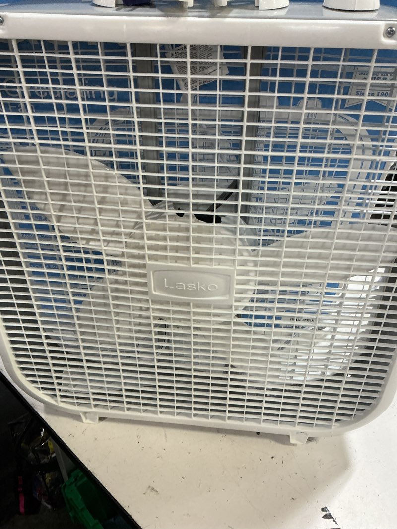 Condition photo showing As Is for lasko 20" classic box fan with weather-resistant motor, 3 speeds, 22.5" h, white, b20200, new