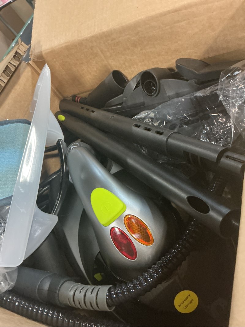 Condition photo showing As Is for heavy-duty steam cleaner - 1500w multipurpose handheld floor steamer with 22 accessories 16ft cord for home, car detailing, tile, grout, carpet, wallpaper, upholstery, window, deep cleaning