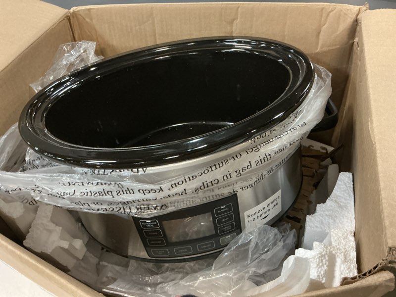 Condition photo showing As Is for ( incomplete  ) Crock-Pot 7-Quart Slow Cooker, Portable Programmable with Timer, Locking Lid, Stainless Steel; an Essential Kitchen Appliance, Perfect for Families and Gatherings