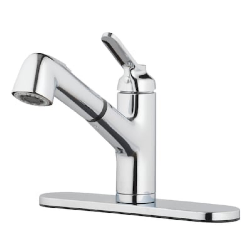 project source project source chrome single handle deck-mount pull-out kitchen faucet with sprayer (includes deck plate)