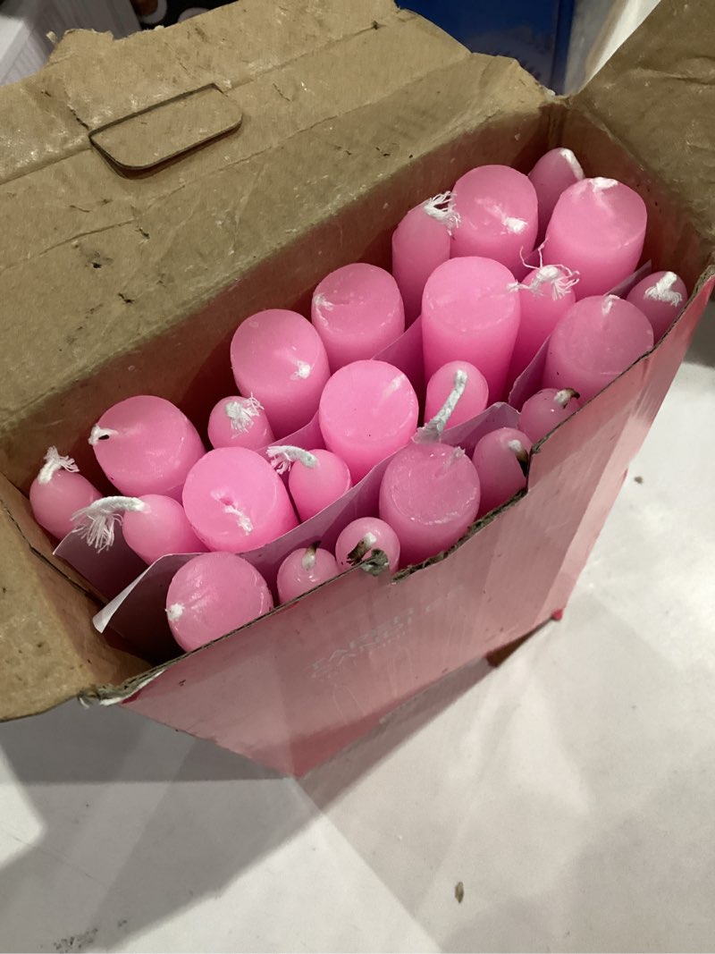 Condition photo showing Good Condition for 24 Pack Pink Taper Candles, 7-8 Hours Burn Time, Unscented, Smokeless and Dripless, 0.75 x 10 Inch Dinner Candle Set for Valentine's Day,Household, Wedding, Party and Home Décor Candlesticks Pink-24
