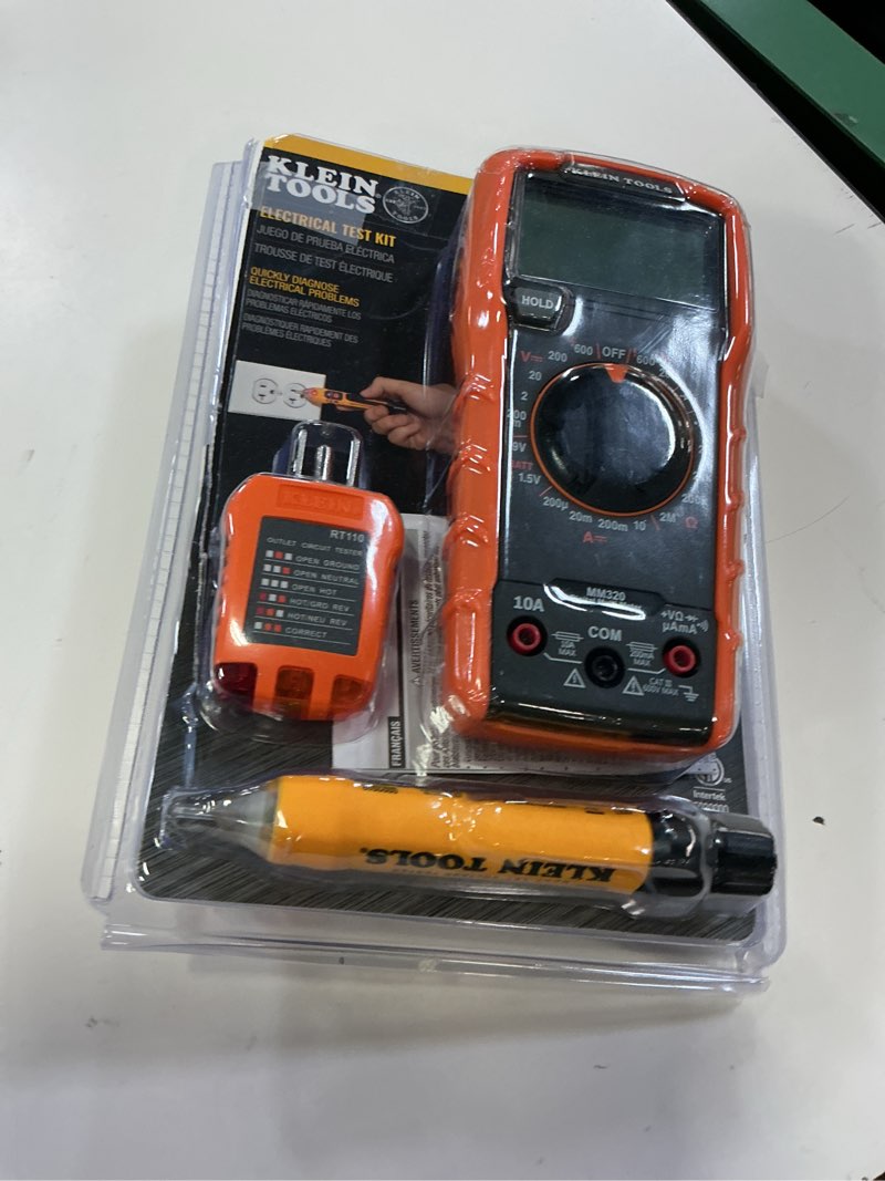 Condition photo showing New/Like New for klein tools 69149p electrical test kit with digital multimeter, non-contact voltage tester and electrical outlet tester, leads and batteries