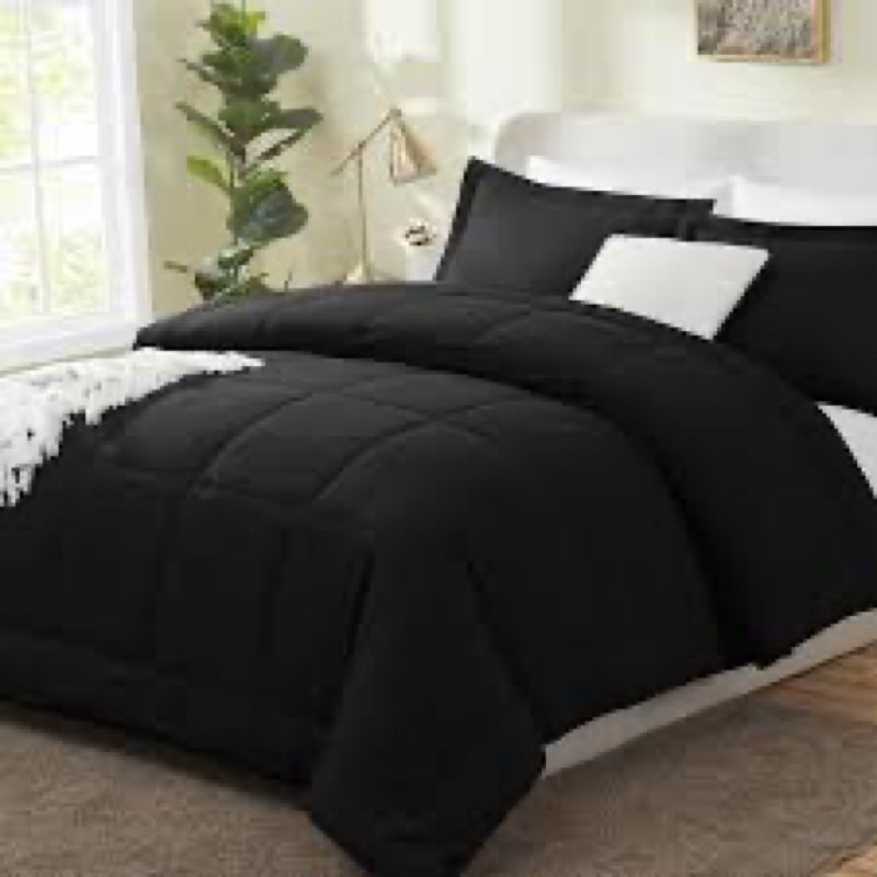 CozyLux Queen Comforter Set Black - 3 Pieces Box Stitched Comforters Queen Size, Soft Bed Set for Al