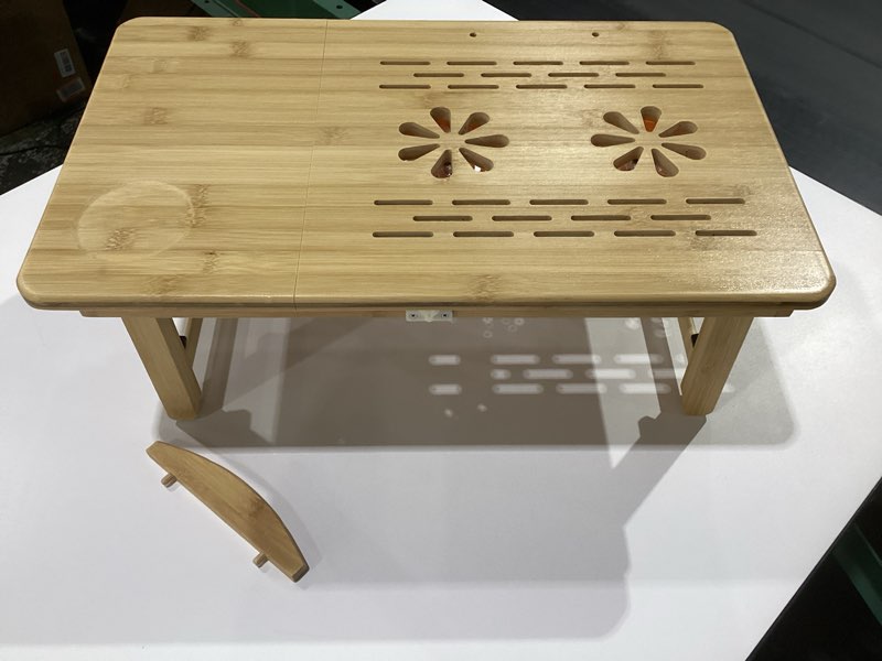 Condition photo showing Good Condition for Adjustable Bamboo Laptop Desk with Cooling Fan, Foldable Bed Tray for Breakfast, Writing, and Drawing, with Tilting Top and Drawer, Portable Lap Desk for Bed, Sofa, and Floor.