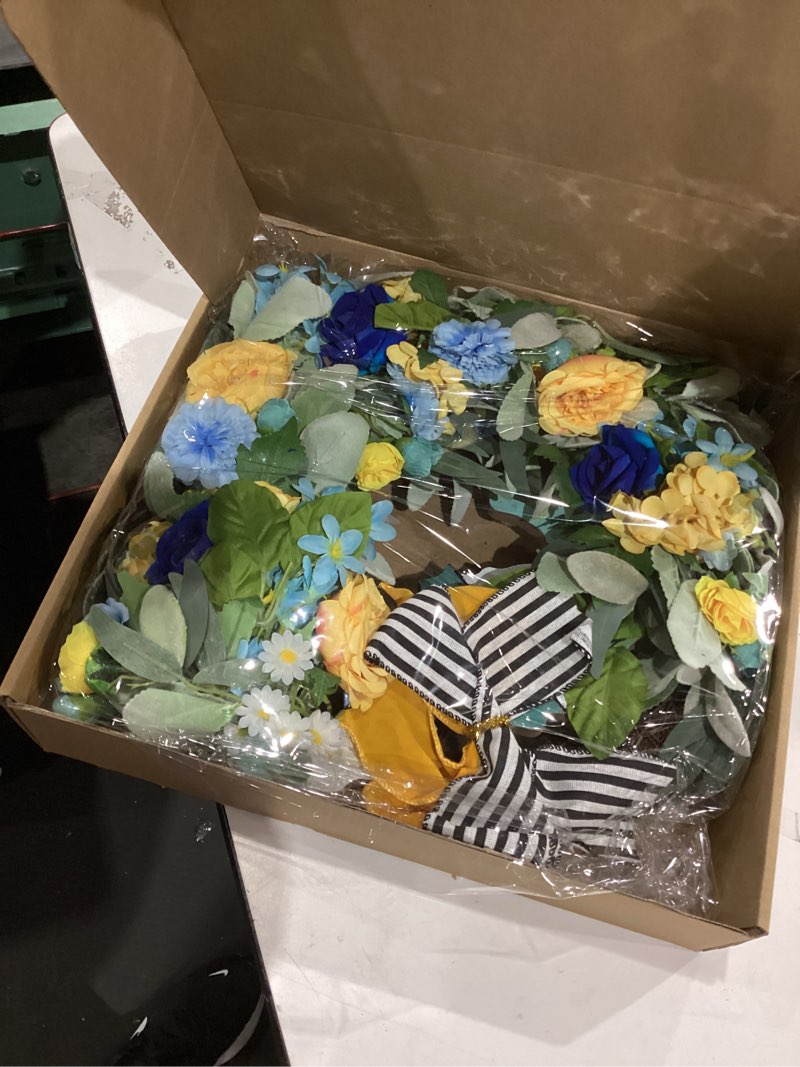Condition photo showing New/Like New for 22" coastal spring wreath for front door - blue roses, yellow peony & hydrangea wreath with seahorse, summer eucalyptus floral wreath, everyday wildflowers wreath for indoor outdoor home decor
