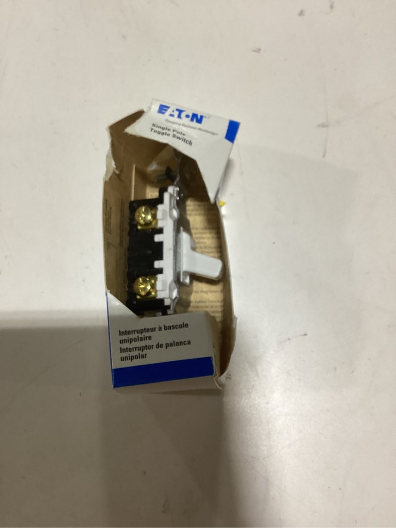 Condition photo showing As Is for GE Grounding Toggle Switch, Single Pole, In Wall On/Off Fan & Light Switch Replacement, 15 Amp, Great for Home, Office & Kitchen, UL Listed, White, 54161 White 1 Pack Grounding