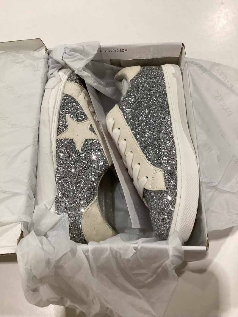 Condition photo showing New/Like New for party women's fashion sneaker lace up low top comfortable cushioned walking shoes,podcast,silver glitter suede,8.5