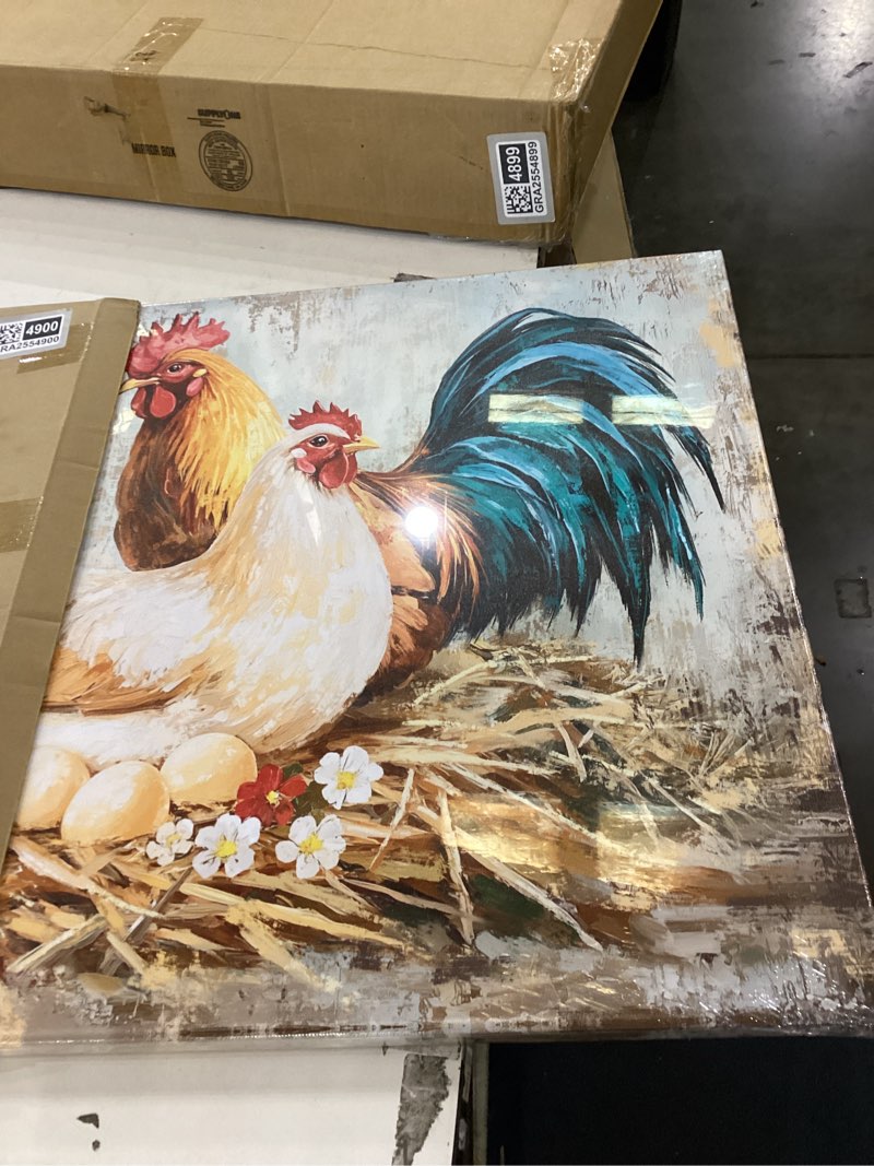 Condition photo showing New/Like New for KREATIVE ARTS Farmhouse Chicken Picture Canvas Wall Art for Kitchen Dining Room Rustic Rooster with Fresh Eggs Framed 24x32 Inch Hen and Hatching Chicks Painting Ready to Hang