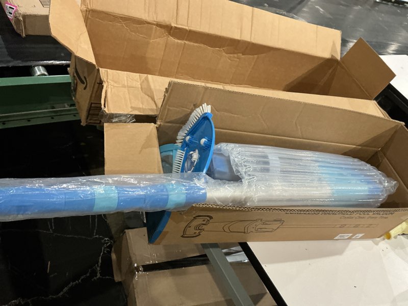 Condition photo showing As Is for cordless pool vacuum above & inground pools, powerful 1590 gph suction,handheld telescopic pole up to 85.45", 1h runtime, 2l debris bin, rechargeable pool cleaner for spas & hot tubs blue