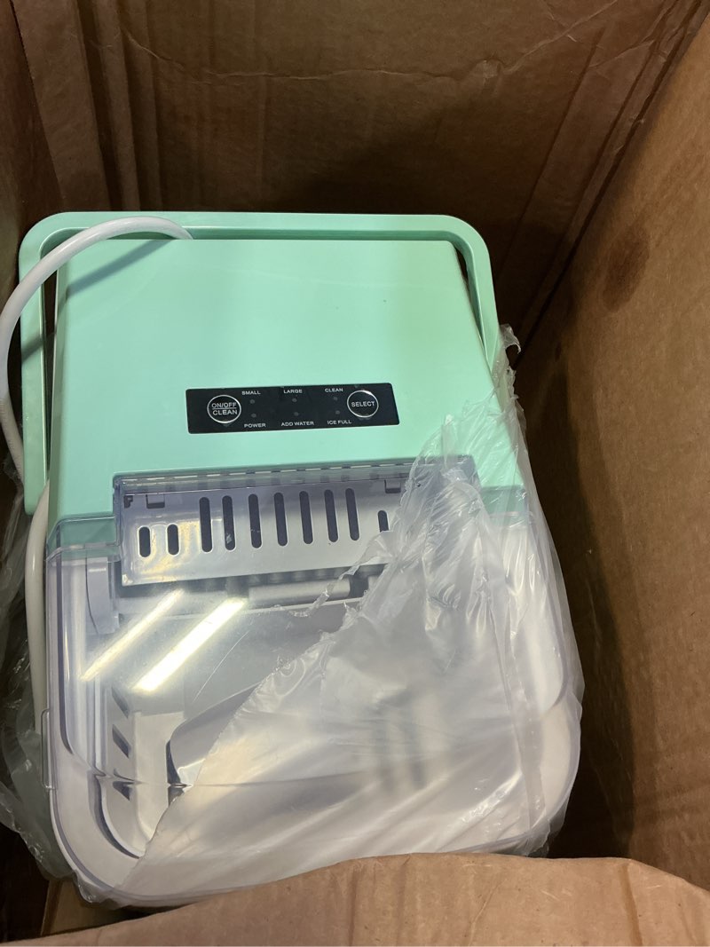 Condition photo showing Good Condition for newbulig ice makers countertop with handle, portable ice machine, 9 bullet ice cubes in 6 mins, 26lbs in 24hrs, auto-cleaning, with basket and scoop, for home, kitchen, rv, camping, green green handle 12.5"*11.6"*8.8"