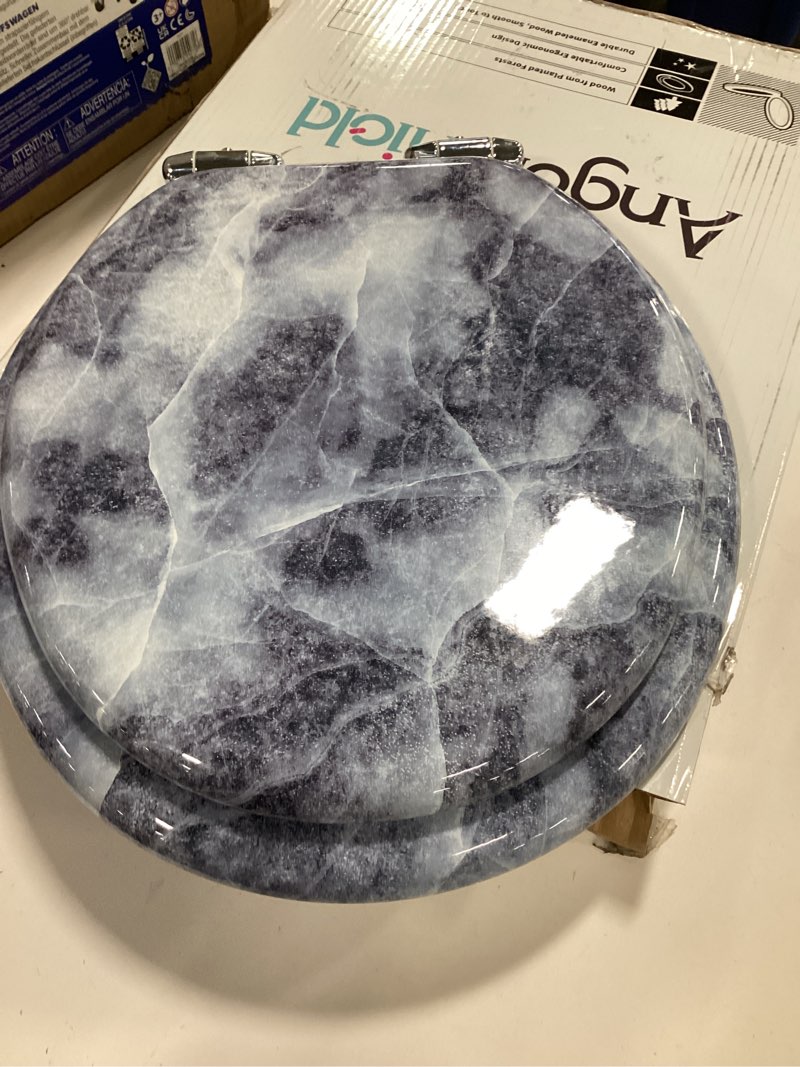Condition photo showing New/Like New for Angol Shiold Round Toilet Seat Molded Wood Toilet Seat with Quietly Close and Quick Release Hinges, Easy to Install also Easy to Clean (Round, Blue Marble) Round-16.5“ Blue Marble
