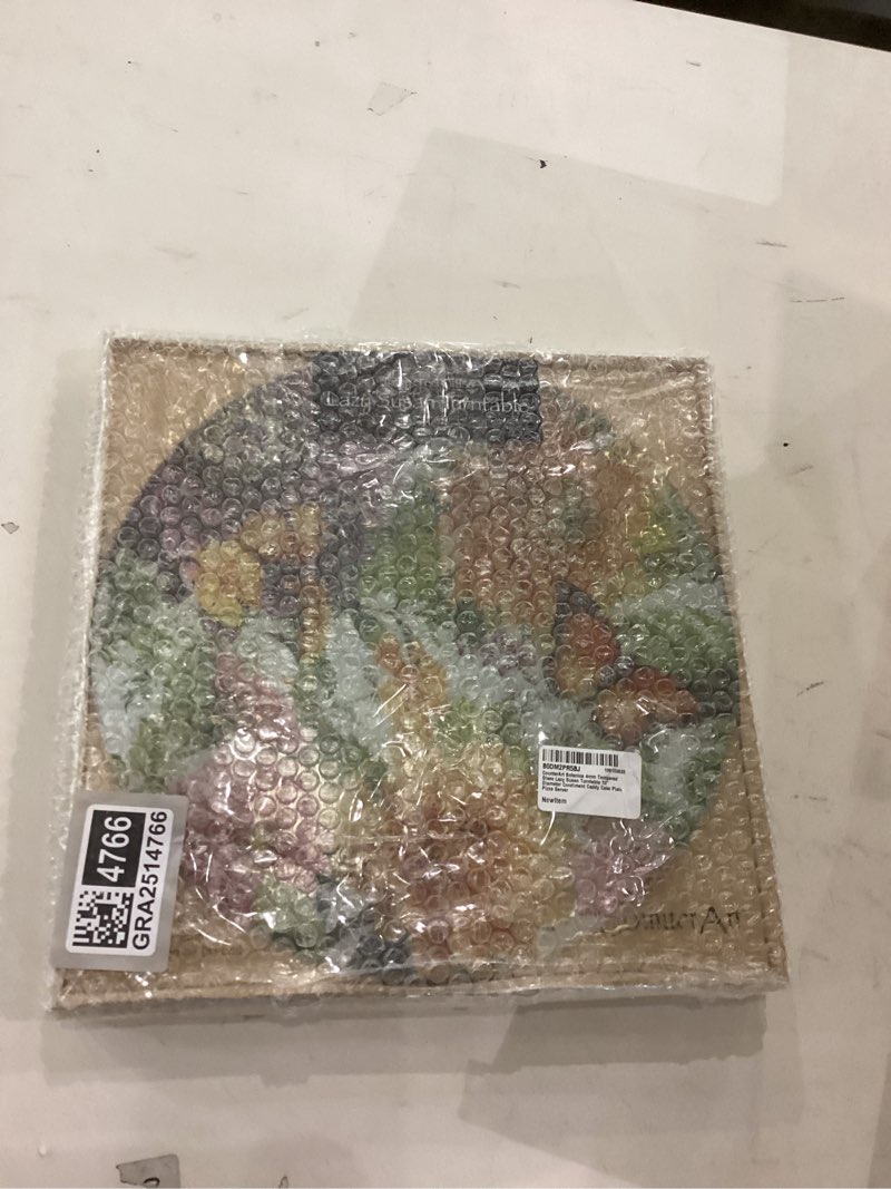 Condition photo showing New/Like New for CounterArt Botanica 4mm Tempered Glass Lazy Susan Turntable 13" Diameter Condiment Caddy Cake Plate Pizza Server Botanica 13" x 13" x 0.88"