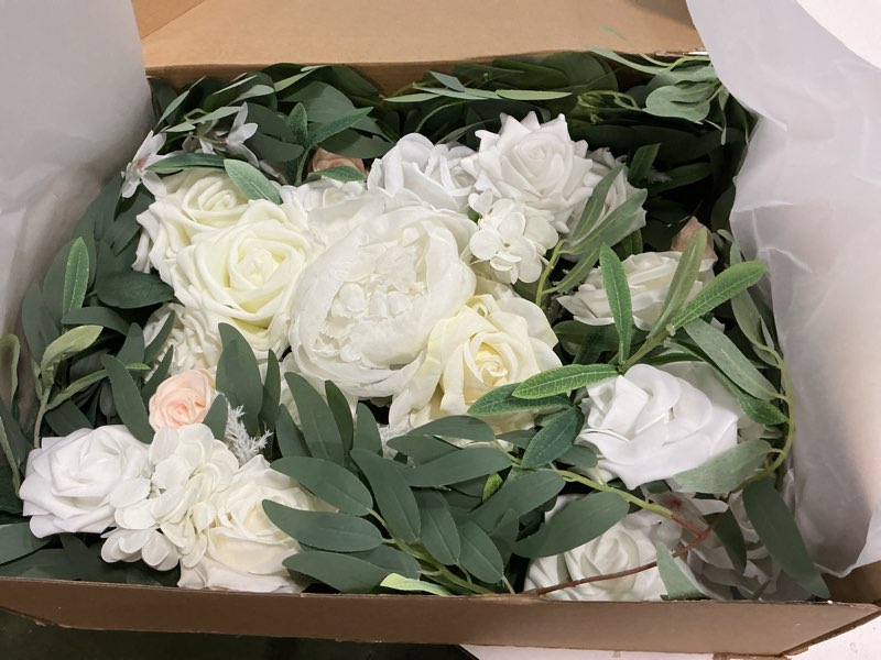 Condition photo showing New/Like New for Ling's Moment 9FT Spring Flower Garland for Backdrop Decorations - Wedding Arch Flowers, Eucalyptus & Rose, Artificial Floral Garland for Mantel - Sweetheart Table Decor for Reception, White & Sage Wht-sage Green