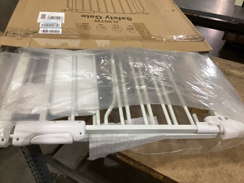 Condition photo showing New/Like New for extra wide baby gate 57.5-62.2 pressure mounted,child dog pet safety gates with walk through door for doorways stairs no drilling in door,white 57.5-62.2inch
