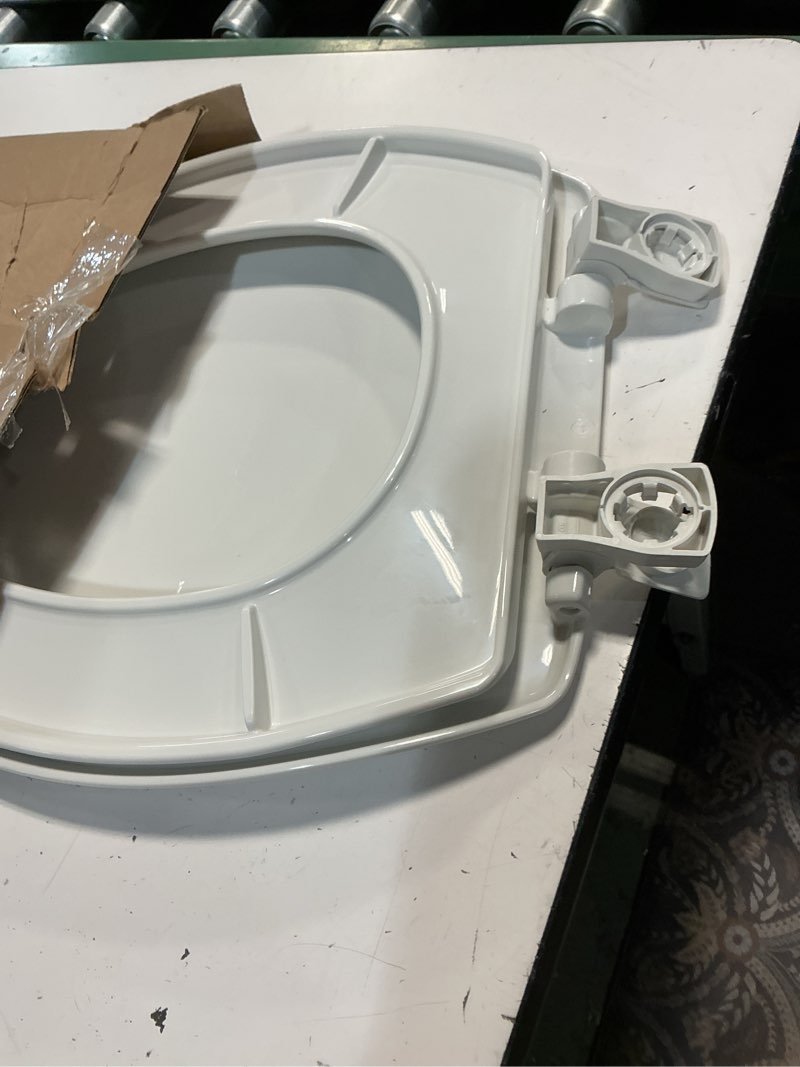 Condition photo showing As Is for bemis 7300slec slow close toilet seat, easy clean hinges and durable plastic seat, made in usa, elongated, white elongated slow close