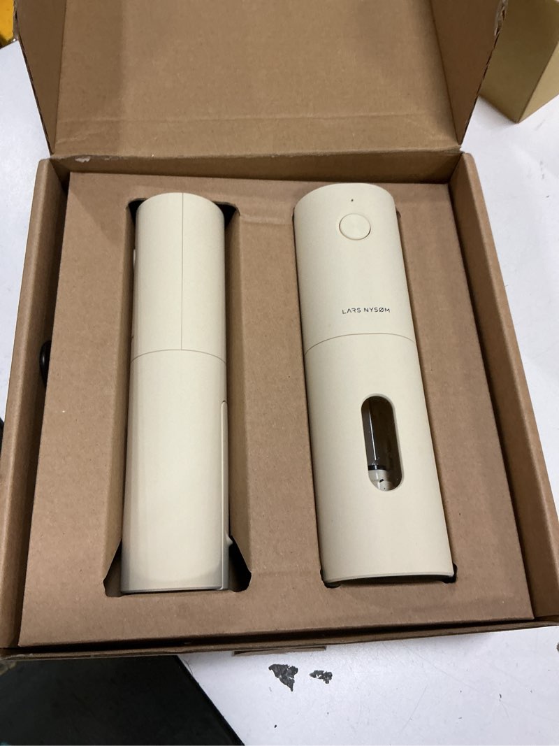 Condition photo showing Good Condition for lars nysøm electric salt and pepper grinder set, usb rechargeable, automatic salt and pepper mills, spice shakers refillable with led light, adjustable coarseness, ceramic grinder (butter cream) butter cream set of two electric mills